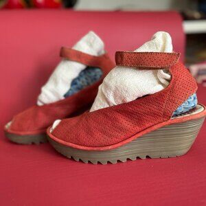 Fly London Women's Yala Perforated Ankle Wrap Wedge Red Suede EU39